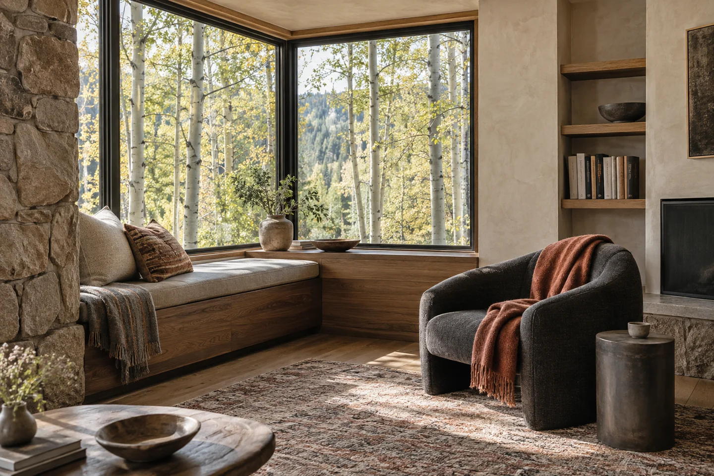 AI-generated contemporary reading nook with a walnut window seat, stone and aspen views