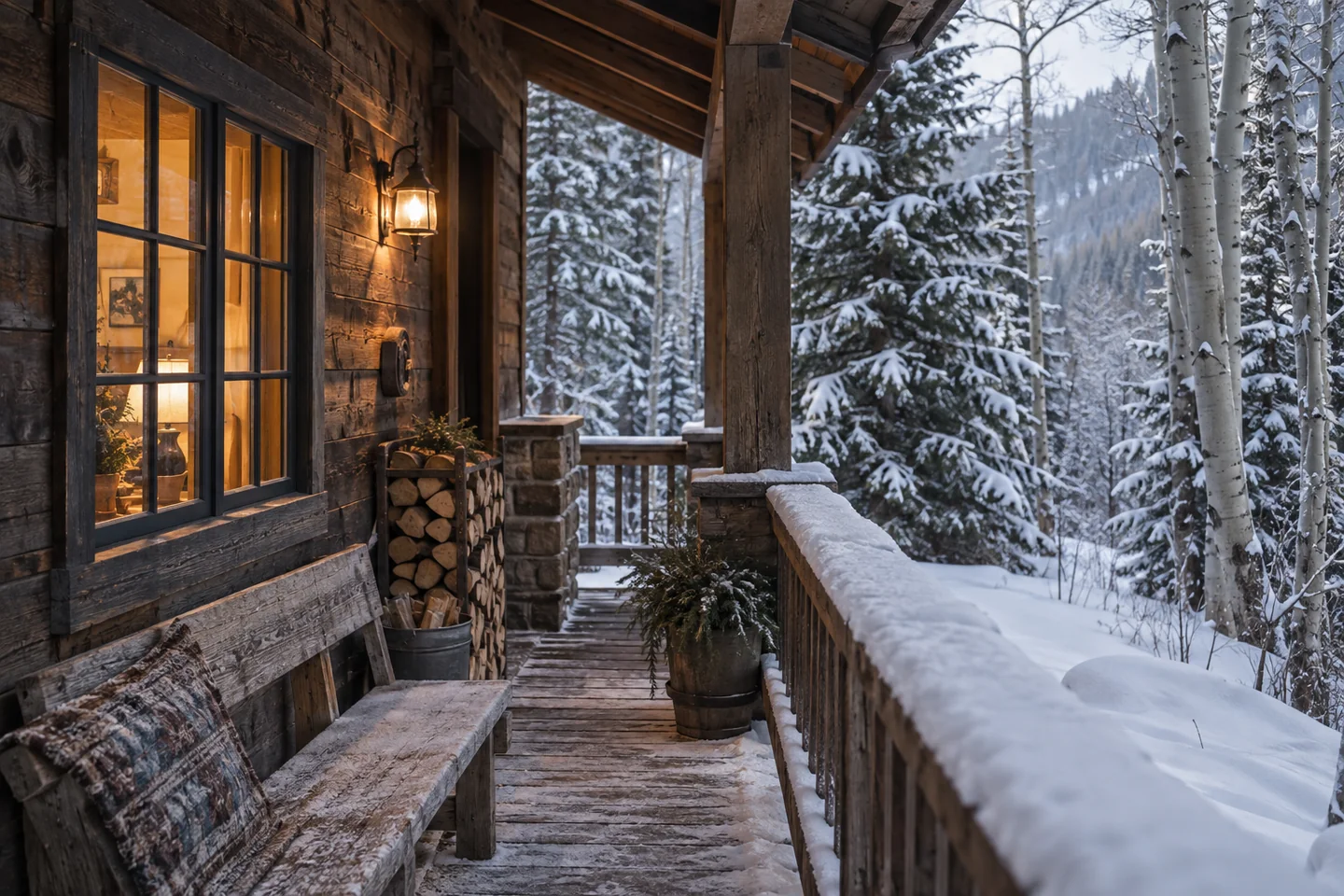AI-generated cedar cabin porch with a warm window, stacked firewood and snow-covered trees