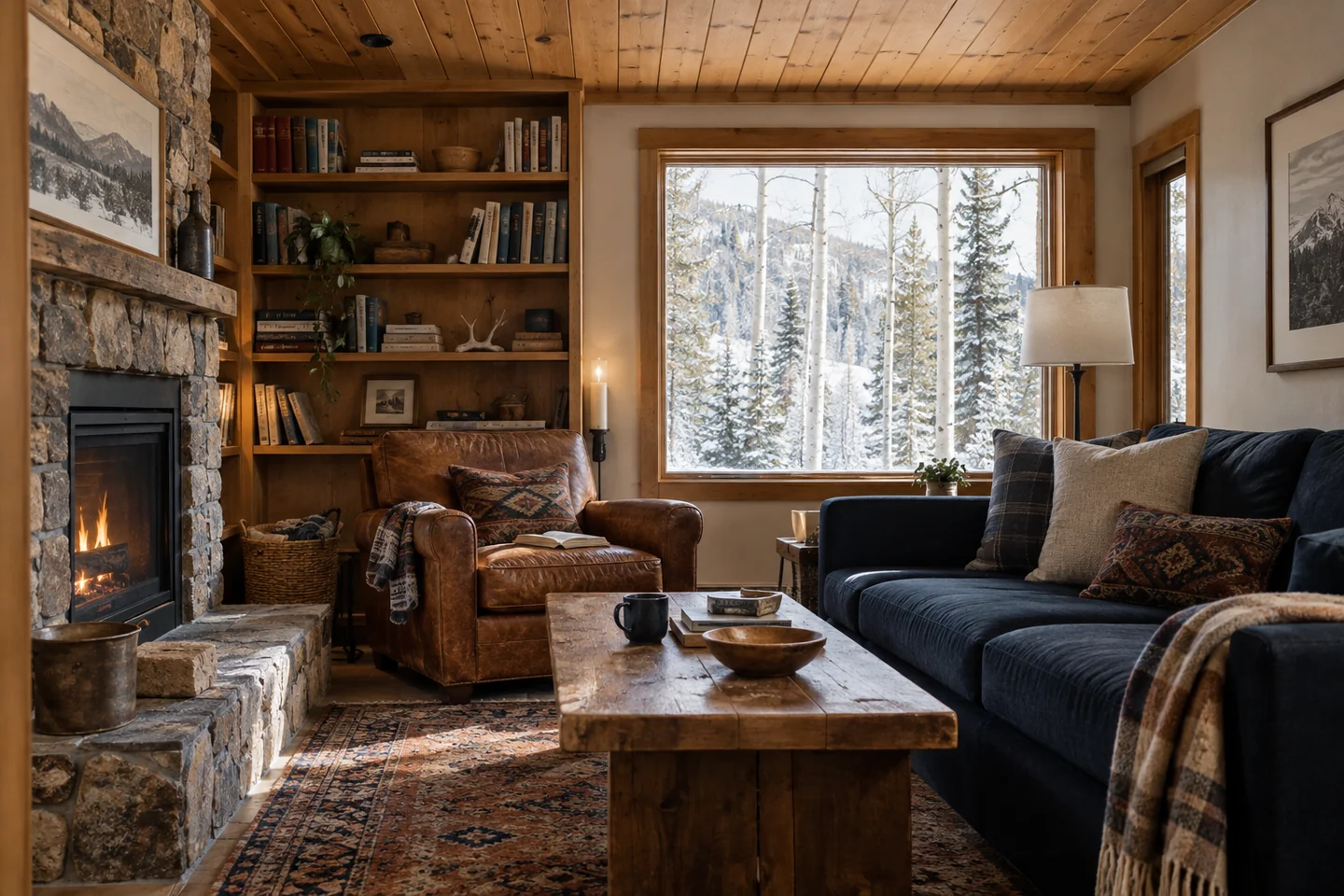 AI-generated mountain living room with a stone hearth, leather chair, navy sofa and snowy aspens