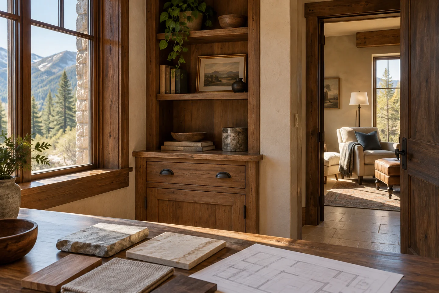 AI-generated property-planning scene with material samples and a floor plan in a timber home