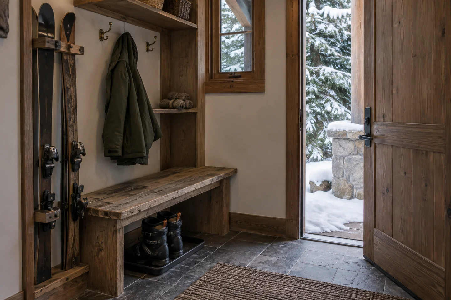 AI-generated mountain-home entry with ski storage, a wood bench and boots beside a snowy porch